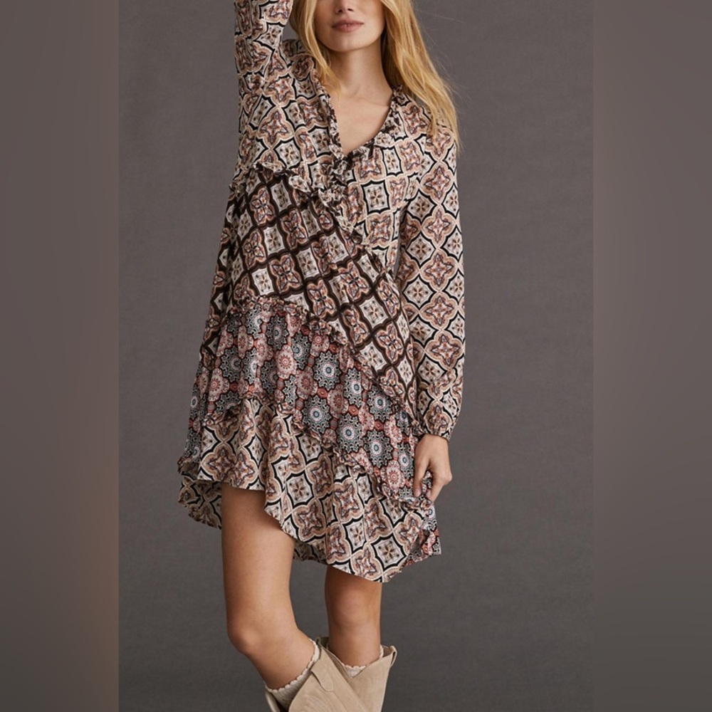 Anthropologie Tiered V-Neck Mini Dress Womens Medium Long Sleeve Boho - Picture 2 of 10